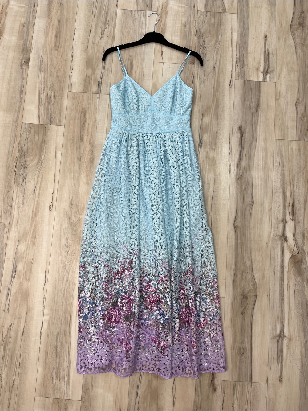 Light Blue & Lavender Ombre Lace Maxi Dress with Floral Accent